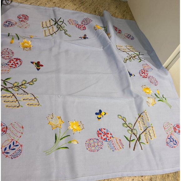Linen 33x34" Tablecloth Handmade Ukraine Eggs Butterfly Flowers Blue Colorful - Picture 12 of 13